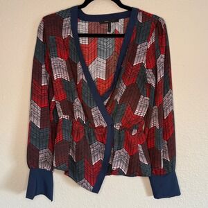 BCBGMAXAZRIA Small Blouse Geometric Peplum Split Cuff V Neck Y2K Career